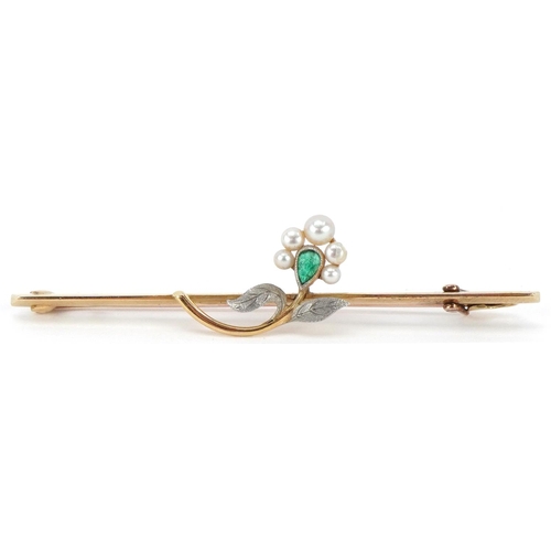 2067 - 15ct gold and platinum emerald and pearl floral bar brooch housed in a Harrods London jewellery box,... 