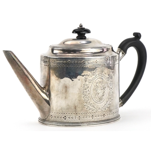 Henry Bateman, George III silver teapot having ebonised wood handle and knop, engraved with swags and foliage, London 1783, 24.5cm wide, 403.0g