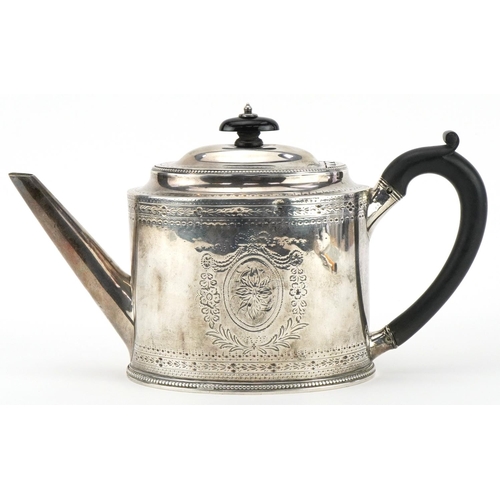 146 - Henry Bateman, George III silver teapot having ebonised wood handle and knop, engraved with swags an... 