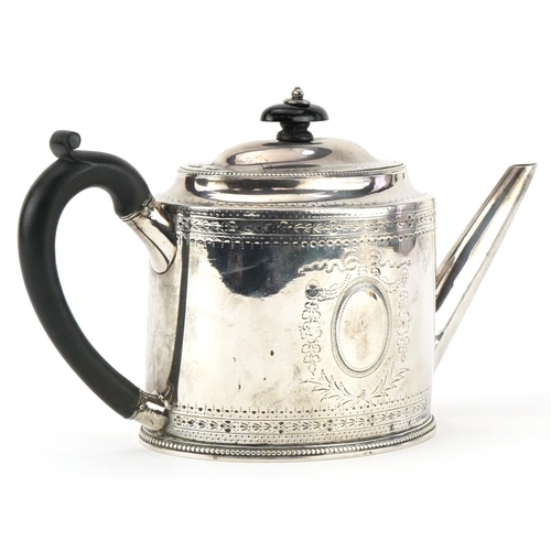 146 - Henry Bateman, George III silver teapot having ebonised wood handle and knop, engraved with swags an... 