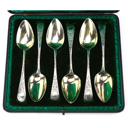 166 - Matched set of six George III silver spoons housed in a Jays Oxford Street London jeweller's case, h... 