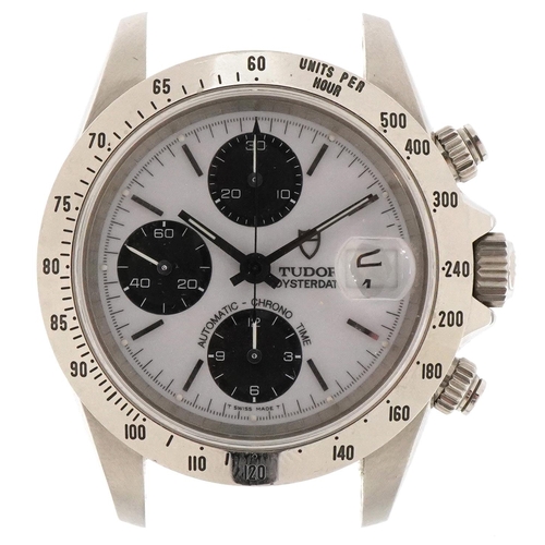 Tudor, gentlemen's 1995 Tudor Oysterdate Small Block Chronotime automatic wristwatch having enamelled panda dial and subsidiary dials with Arabic numerals with box and paperwork, ref 79280, serial number 775923, 40mm in diameter
PROVENANCE: Deceased estate
