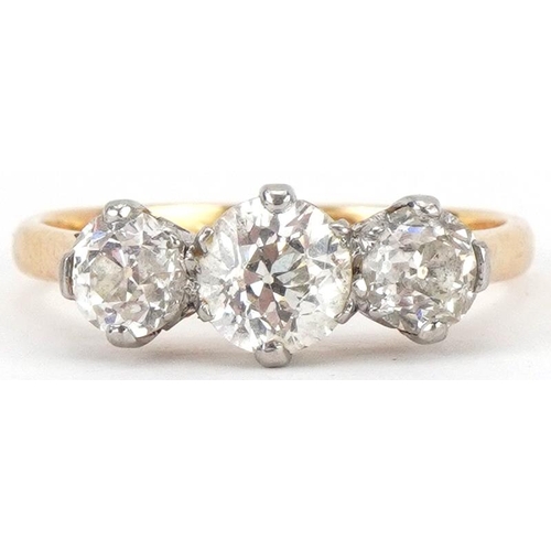 2032 - 18ct gold and platinum diamond three stone ring, total diamond weight approximately 1.20 carat, size... 