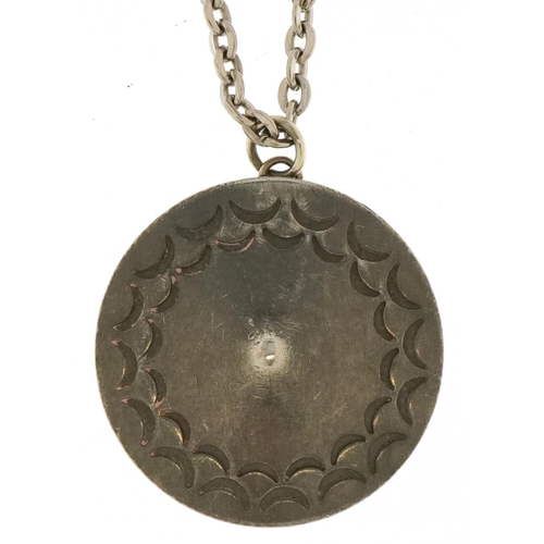 2394 - Jorgen Jensen, Danish mid century pewter pendant on a white metal necklace, the pendant numbered 53,... 