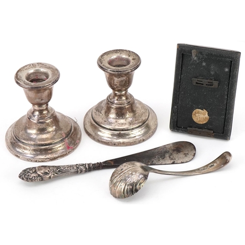 505 - Victorian and later silver including a pair of dwarf candlesticks by Fred H Adams & Co, the largest ... 