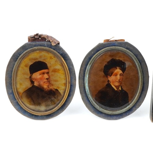 462 - Four hand painted portrait miniatures and photographs, two housed in ebonised frames, including an e... 