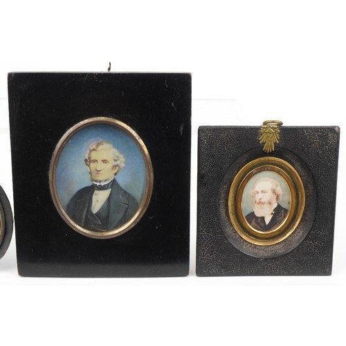 462 - Four hand painted portrait miniatures and photographs, two housed in ebonised frames, including an e... 