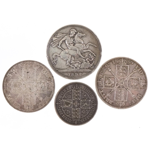 597 - Victorian silver coins including 1892 crown, two double florins dates 1887 and 1889 and Gothic flori... 