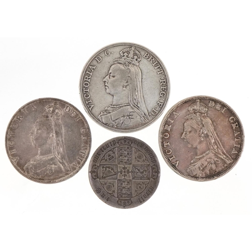 597 - Victorian silver coins including 1892 crown, two double florins dates 1887 and 1889 and Gothic flori... 