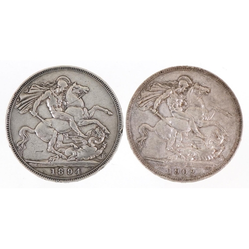 596 - Two Victorian and later silver crowns comprising Queen Victoria 1894 and Edward VII 1902