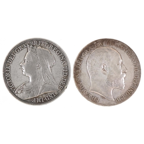 596 - Two Victorian and later silver crowns comprising Queen Victoria 1894 and Edward VII 1902