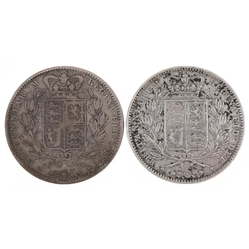 595 - Two Victoria Young Head silver shield back crowns 1845 and 1847