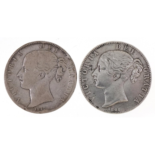 595 - Two Victoria Young Head silver shield back crowns 1845 and 1847