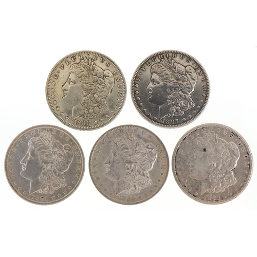 654 - Five United States of America silver dollars comprising dates 1881, 1885, 1888, 1897 and 1921