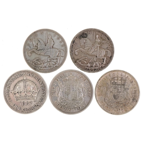 611 - Five British and Commonwealth of Australia crowns comprising two 1931 Rocking Horse and three 1937 e... 