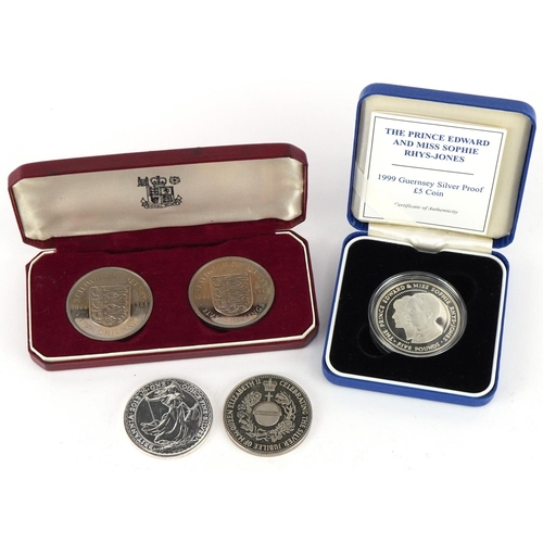 632 - British Channel Islands coinage including 2013 one ounce Britannia two pounds, two Bailiwick of Jers... 