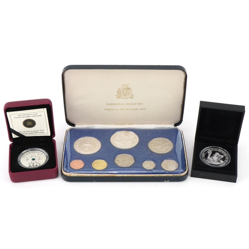 653 - Silver proof and proof coins with cases including 1974 Coinage of Barbados by The Franklin Mint, Can... 