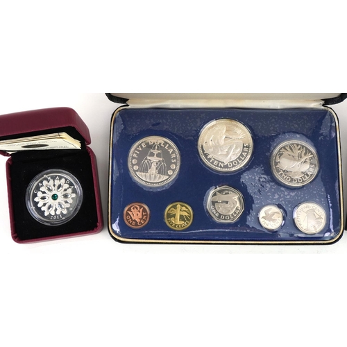 653 - Silver proof and proof coins with cases including 1974 Coinage of Barbados by The Franklin Mint, Can... 