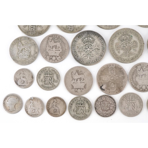 616 - British pre decimal, pre 1947 coinage including half crowns, florins and fourpence pieces, 230g