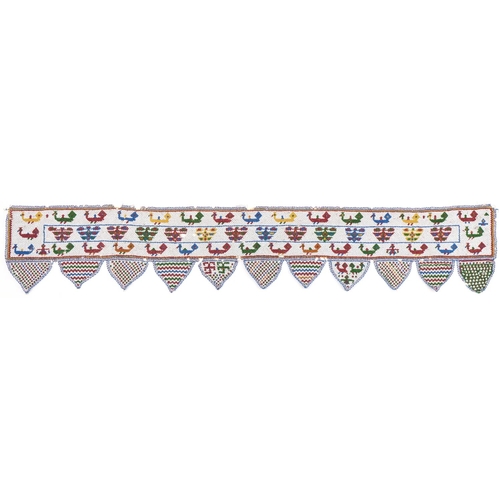 Antique African beadwork banner worked with animals and flowers, 138cm wide