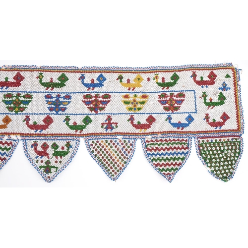 524 - Antique African beadwork banner decorated with animals and flowers, 138cm wide