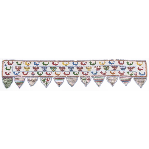 524 - Antique African beadwork banner decorated with animals and flowers, 138cm wide