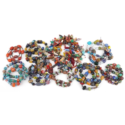 2742 - Six Murano and Bohemian glass bead necklaces and a faience glazed bead necklace, possibly Roman, tra... 