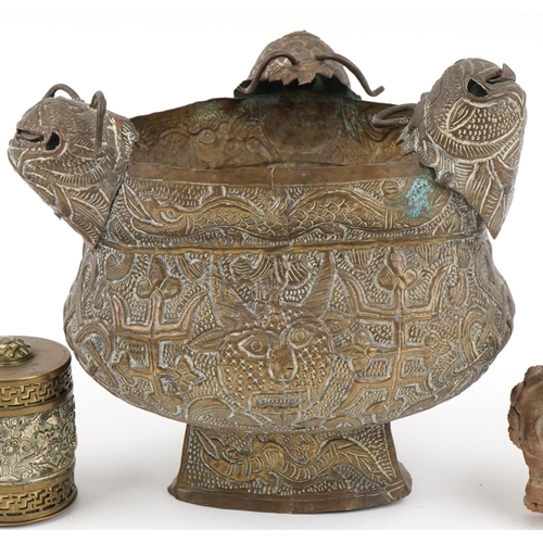 1326 - Chinese metalware and ceramics including a bronze planter with mythical heads, three cylindrical box... 