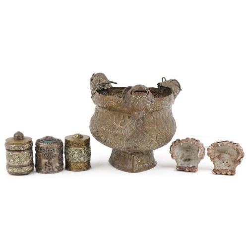 1326 - Chinese metalware and ceramics including a bronze planter with mythical heads, three cylindrical box... 