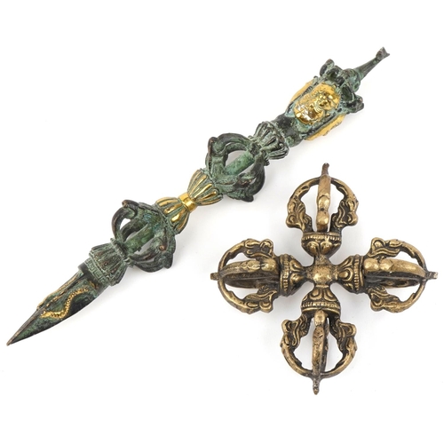 1297 - Chino Tibetan bronzed Vajra Dorje and ceremonial dagger, the largest 20cms in length