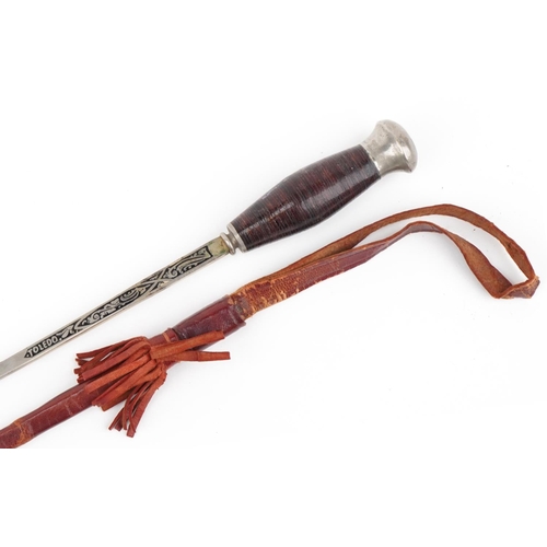 711 - Spanish bull fighting souvenir sword with leather sheath and Toledo blade, 68.5cm in length