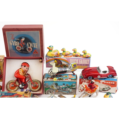 1564 - Vintage and later tinplate toys including Tri-ang Giro Cycle with box, Japanese friction driven aero... 