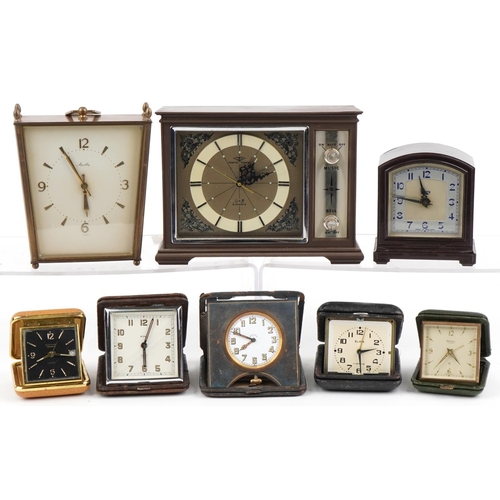 1437 - Vintage and later clocks including Smiths brown Bakelite mantle clock and Estyma Datomatic travel al... 