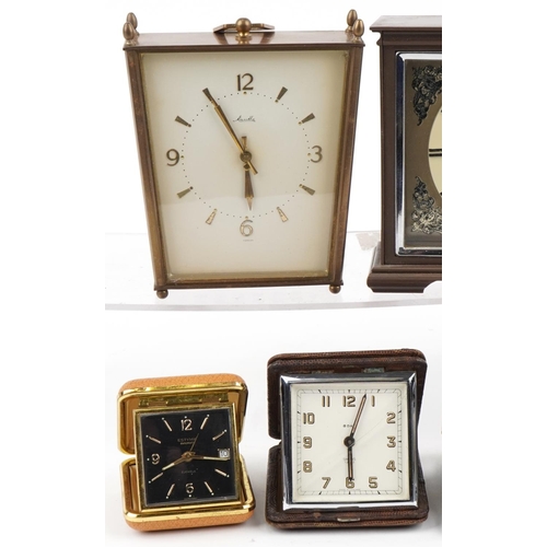 1437 - Vintage and later clocks including Smiths brown Bakelite mantle clock and Estyma Datomatic travel al... 