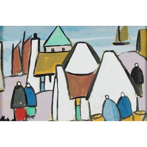 1283 - Manner of Markey Robinson - Figures before cottages and boats in water, Irish school gouache on card... 