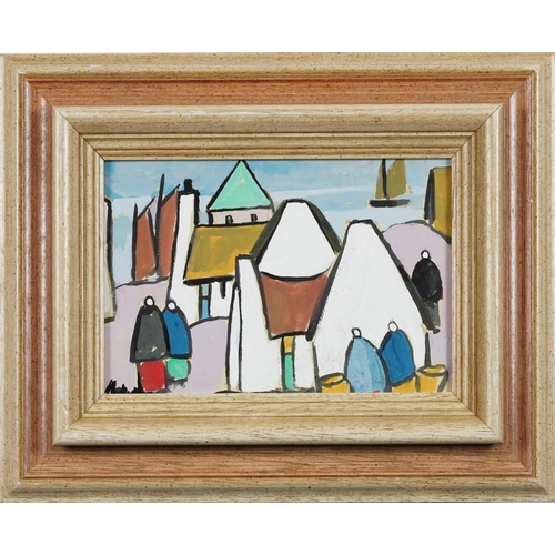 1283 - Manner of Markey Robinson - Figures before cottages and boats in water, Irish school gouache on card... 