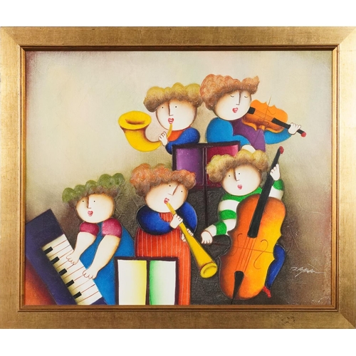 1339 - Five female musicians, contemporary comical oil on canvas in a gilt frame, 59.9cm x 50cm excluding f... 