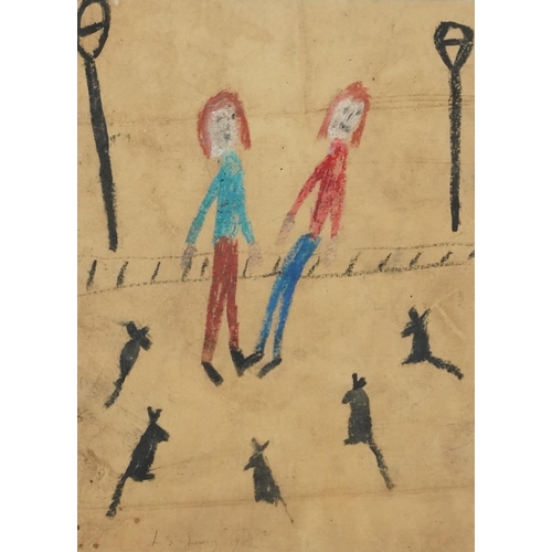 1285 - After Laurence Stephen Lowry - Figures and animals, Manchester school mixed media, mounted, framed a... 