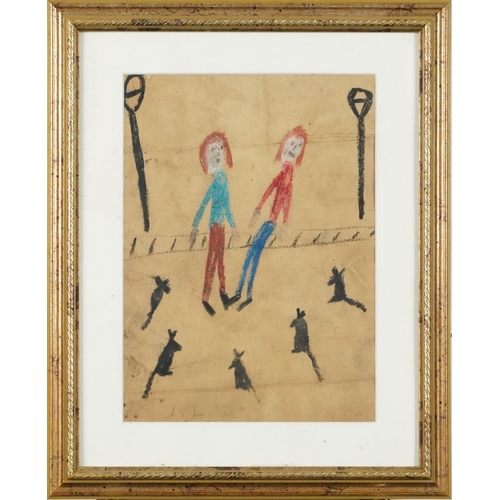 1285 - After Laurence Stephen Lowry - Figures and animals, Manchester school mixed media, mounted, framed a... 