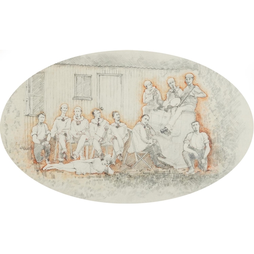 1312 - Pierrot musicians beside a piano, oval pencil and mixed media, mounted, framed and glazed, 54cm x 33... 