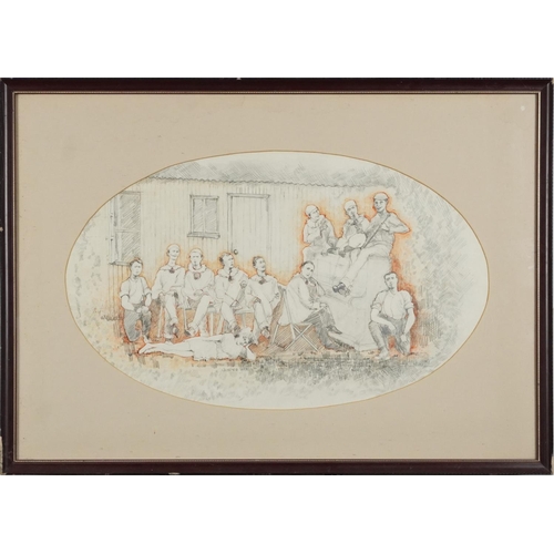 1312 - Pierrot musicians beside a piano, oval pencil and mixed media, mounted, framed and glazed, 54cm x 33... 