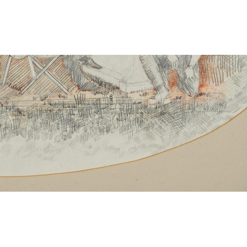 1312 - Pierrot musicians beside a piano, oval pencil and mixed media, mounted, framed and glazed, 54cm x 33... 