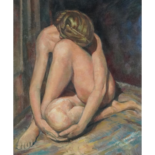 112 - Dino Mazzoli - Seated life study, Emma, oil on board, inscribed Royal Institute of Oil Painters 1986... 