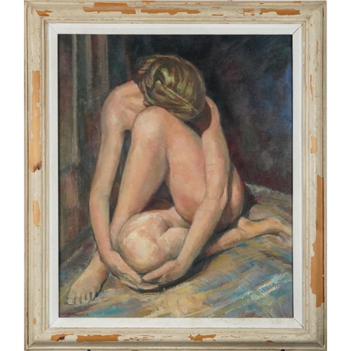 112 - Dino Mazzoli - Seated life study, Emma, oil on board, inscribed Royal Institute of Oil Painters 1986... 