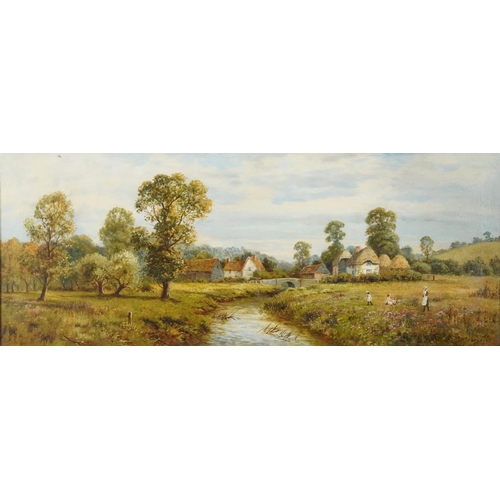 109 - G Leader - Mother with children beside a river before cottages, late 19th century panoramic oil on c... 