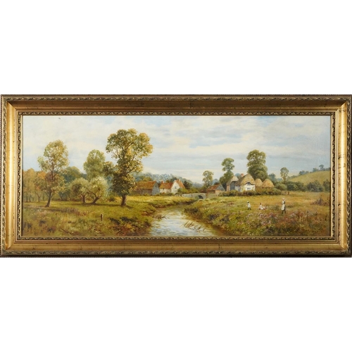 109 - G Leader - Mother with children beside a river before cottages, late 19th century panoramic oil on c... 