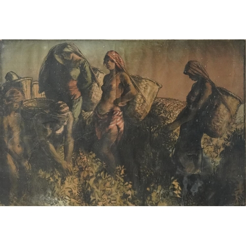 552 - Gerald Spencer Pryse - Tea Pickers of Ceylon, lithograph in colour, framed and glazed, 126cm x 92cm ... 