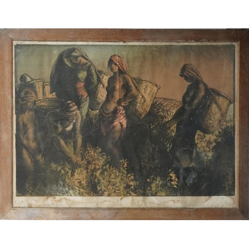 552 - Gerald Spencer Pryse - Tea Pickers of Ceylon, lithograph in colour, framed and glazed, 126cm x 92cm ... 