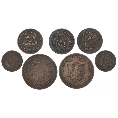 587 - George III and later British coinage comprising two half crowns dates 1818 and 1836, three sixpences... 