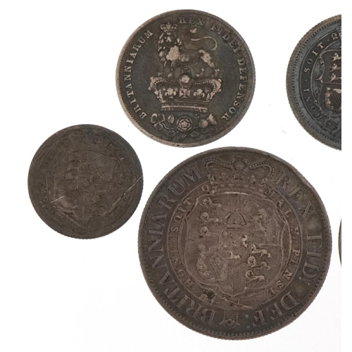 587 - George III and later British coinage comprising two half crowns dates 1818 and 1836, three sixpences... 